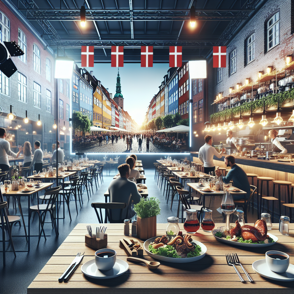 A high-quality, realistic image capturing the opening of a restaurant in Denmark. The scene is filled with visual connections to Europe. It's set in a 16:9 aspect ratio. A professional composition is used with elements such as tables set up with delicacies, the hustle of a busy kitchen, and customers enjoying their meal. The use of cinematic lighting adds a touch of drama to the scene, highlighting the excitement of opening a new culinary establishment. However, no text should be present within the image.